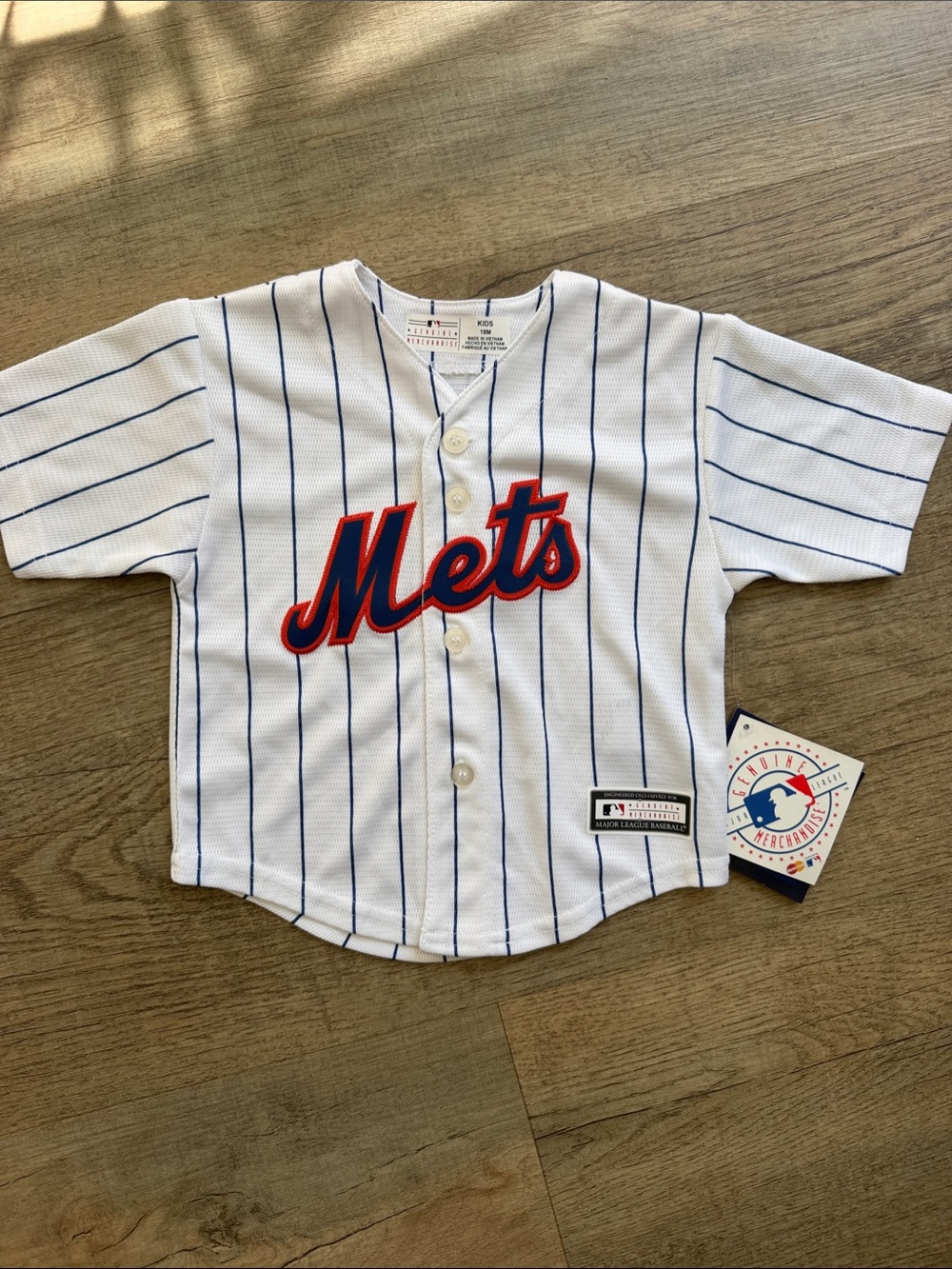 Genuine Merchandise New York Mets White Button-Up Jersey with Blue Pinstripes